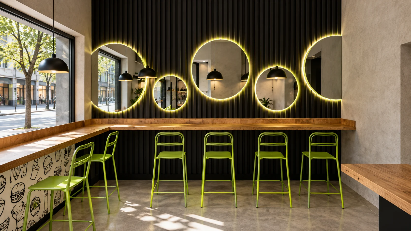 Barra de madera con espejos iluminados